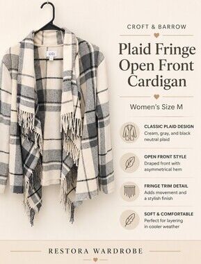 Croft & Barrow Plaid Fringe Open Front Cardigan Sweater Size M